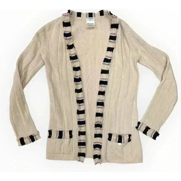 CHANEL Cashmere Cardigan 36 Small S Long Sweater Fringe Striped Front 2 Pockets - Picture 1 of 11